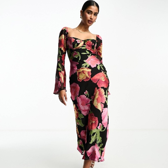 ASOS Dresses & Skirts - ASOS Long Sleeve Midi Floral Burnout Print Dress - Black/Multi - US sz 12 - NWT
